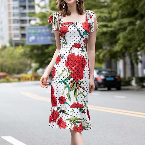 

casual dresses 2021 fashion designer runway dress women's spaghetti strap sleeveless polka dot floral print mermaid, Black;gray