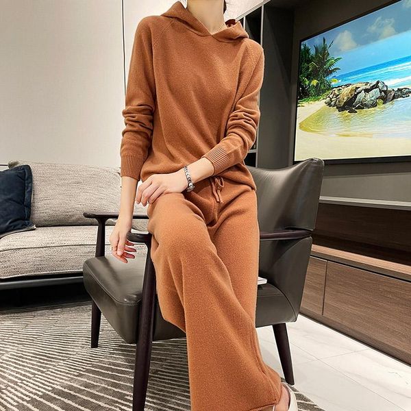 

women's two piece pants 100% pure wool wide-leg suit women 2021 autumn and winter two-piece hooded knitted cashmere frseucag brand, White