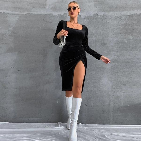 

casual dresses 2021 autumn and winter women's slit temperament slim square neck long sleeve velvet dress bag hip skirt, Black;gray