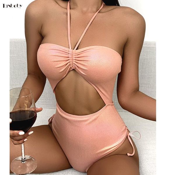 

tanboby shiny pink bathing suits 1 piece hollow beachwear push up monokini s-xl cross bandage one piece swimwear 2021