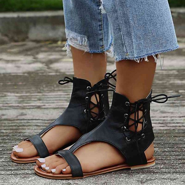 

sandals vintage cross strap women's sandal 2021 hollow out summer sandali delledonne comfy flat sandalias boots plus size 35-43 n2, Black