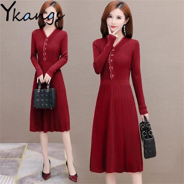 

casual dresses korean style slim elegant red mid-length clothing v-neck simple knitting dress autumn trend long sleeve buttons women's, Black;gray