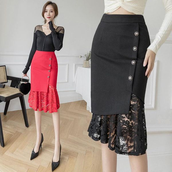 

big size 5xl elegant korean women pencil skirt spring slim lace patchwork high waist skirt plus size 4xl office lady skirts, Black