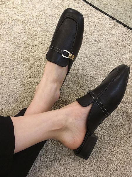 

slippers women autumn 2021 fashion square head low heel mules, Black