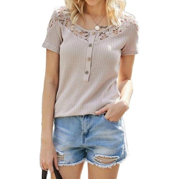

women's t-shirt summer button round neck hollow lace short sleeve top, White