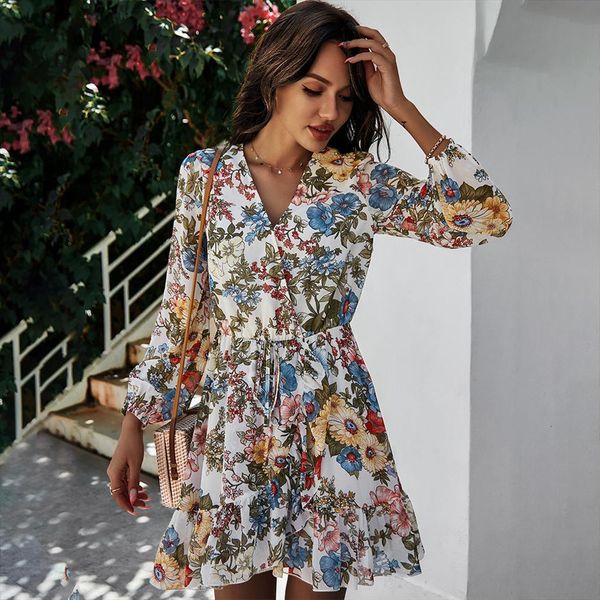 

floral print chiffon casual slim womens dress long sleeve high waist short mini spring summer vestidos female, Black;gray
