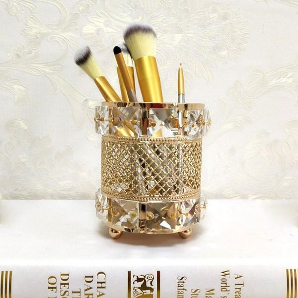 

storage bottles & jars european luxury metal crystal brush organizer desk beauty tools makeup table pen holder deskdecorative ornaments