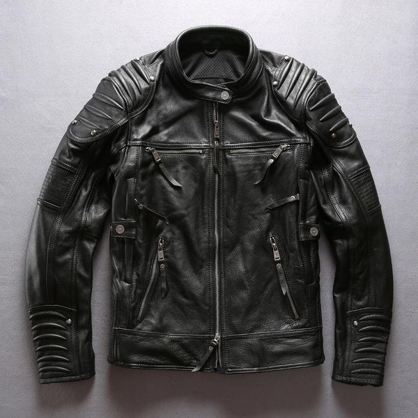 

men's leather & faux 2021 fashion brand professional motorcycle stand collar cow coat men moto biker jacket male, Black