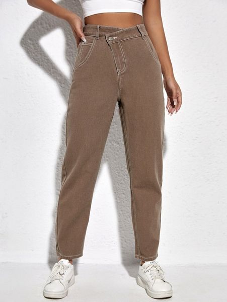 

asymmetrical waist mom jeans f63g#, Blue