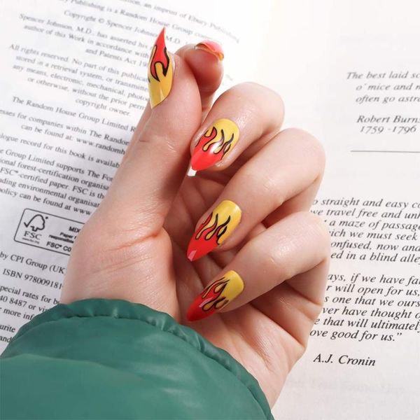 

false nails 24pcs full cover with glue detachable ballerina fake manicure press on nail flame, Red;gold