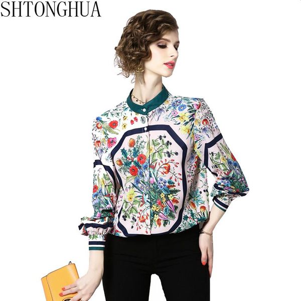 

women's blouses & shirts shtonghua printing runway women 2021 summer long sleeve stand office shirt blouse loose casual plus size blus, White