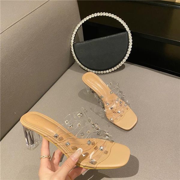 

slippers 2021 summer style transparent crystal thick heel square head rivet cool fashion all-match high-heeled sandals women, Black