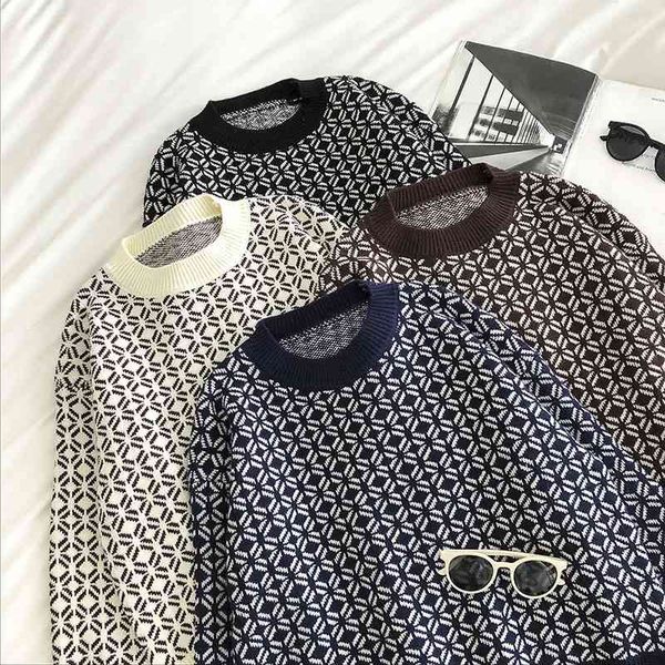 

autumn winter vintage argyle sweater women long sleeve loose korean knitted sweaters woman casual oversized pullover 210602, White;black