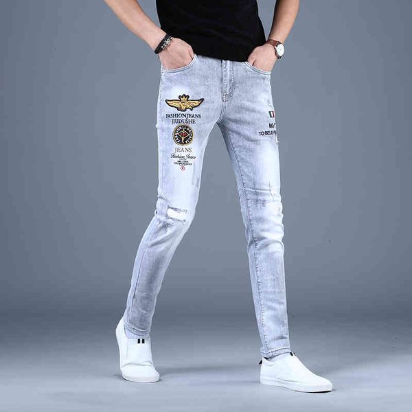 

men's jeans summer men embroidery ripped man fashion slim fit stretch pencil pants streetwear jean letter badge denim trousers jb8, Blue