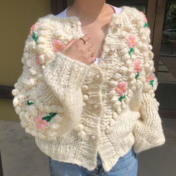 

women's knits & tees [ewq] korea chic floral knitted cardigan women autumn 2021 loose single breasted long sleeve sweater coat fashion, White