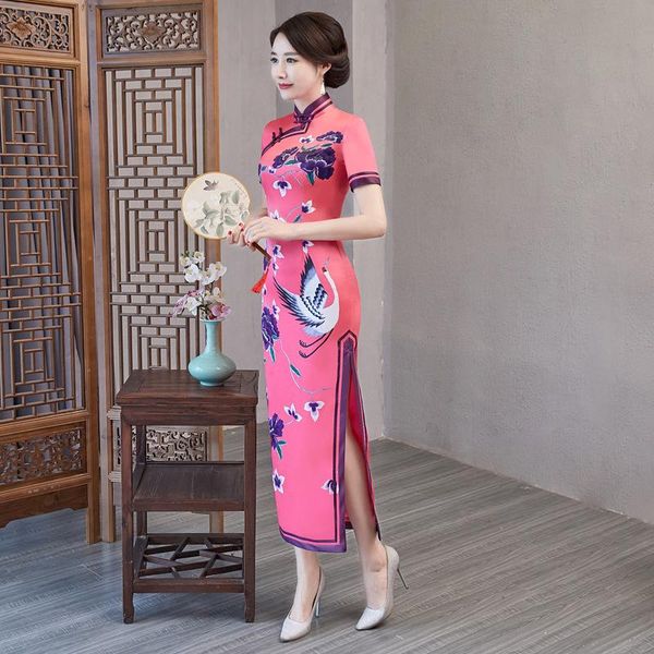 

ethnic clothing lady formal party dress print floral rayon cheongsam chinese vintage button slim qipao summer long vestidos size -4xl, Red
