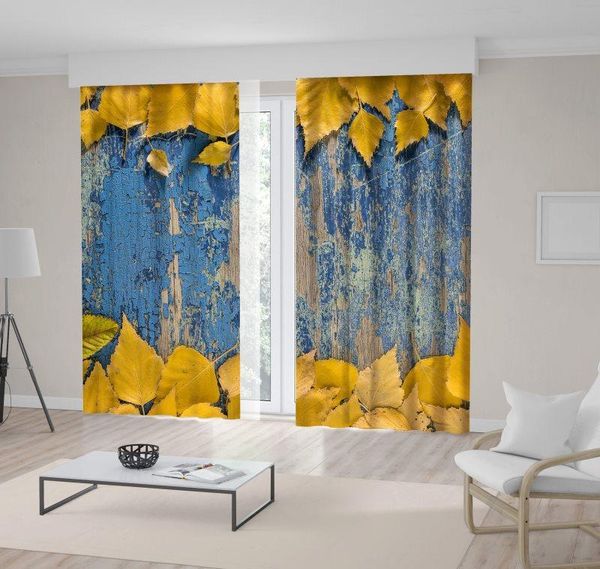 

curtain & drapes autumn leaves on wooden table aged look rural natural rustic concept po printed blue yellow
