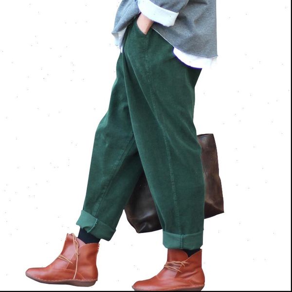 

2020 women corduroy wide leg pants vintage autumn winter casual thick warm elastic waist loose cotton pleated trouser, Black;white