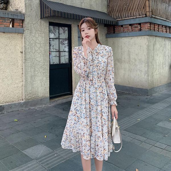 

casual dresses chiffon women's dress party girl's summer fashion print o-neck long sleeve clothing a-line mid-calf houthion, Black;gray