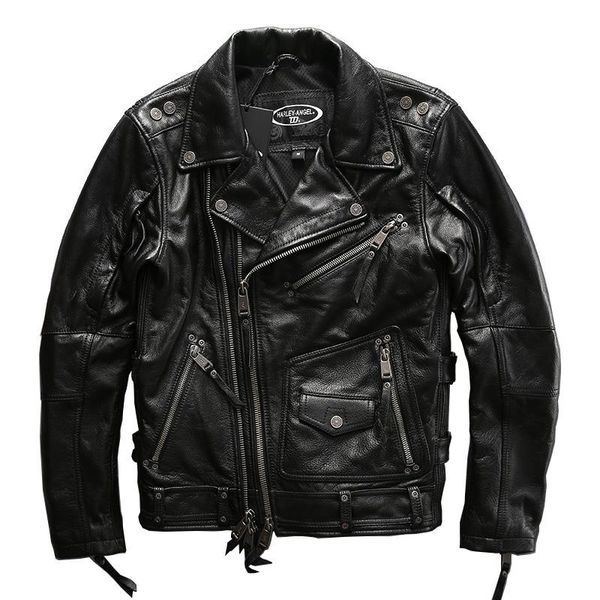 

men's leather & faux quality european high super genuine cow skin motor rider mens big size casual cowhide jacket, Black