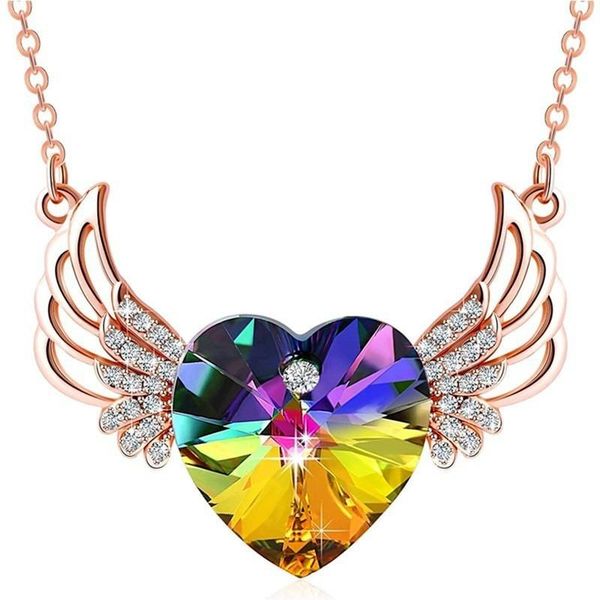 

pendant necklaces rose gold angel wing heart necklace crystals for women girl guardian dainty jewelry, Silver