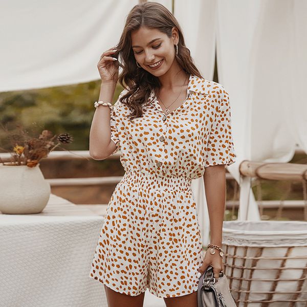 

new 2021 summer dot print woman's short sleeve casual turn down collar playsuits with buttons female playsuit outwear vj8q, Black;white