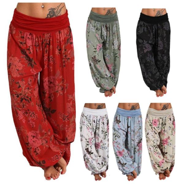 

women's pants & capris 2021 summer plus size s-5xl women ladies casual floral printed pockets wide leg loose high trousers harem, Black;white