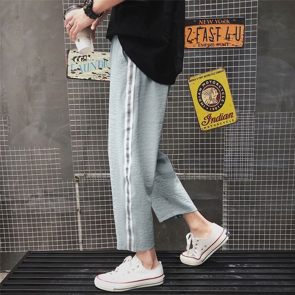 

2021 new korean style men's motion stripe printing tide casual cotton pants leisure trousers active elastic joggers sweatpants m-5xl p8, Black