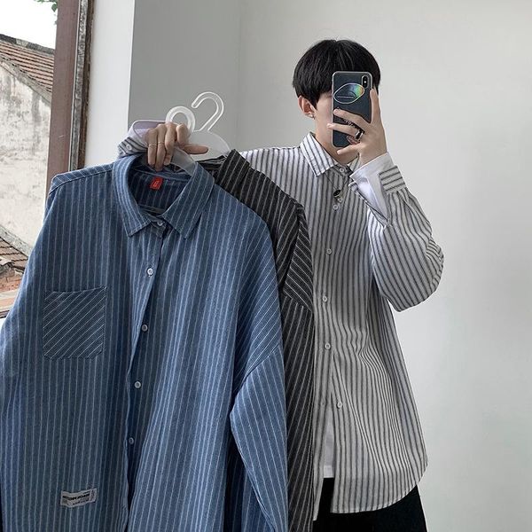 

men's casual shirts korean style shirt loose oversize long sleeve streetwear striped button up camisa hombre clothing db60sh, White;black