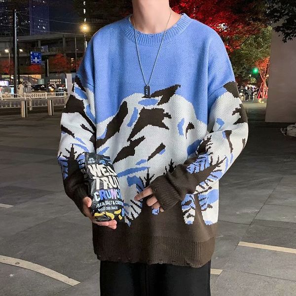 

oversized men's snow mountain printed fashion pullovers autumn preppy style streetwear clothing knit casual male sweater, White;black