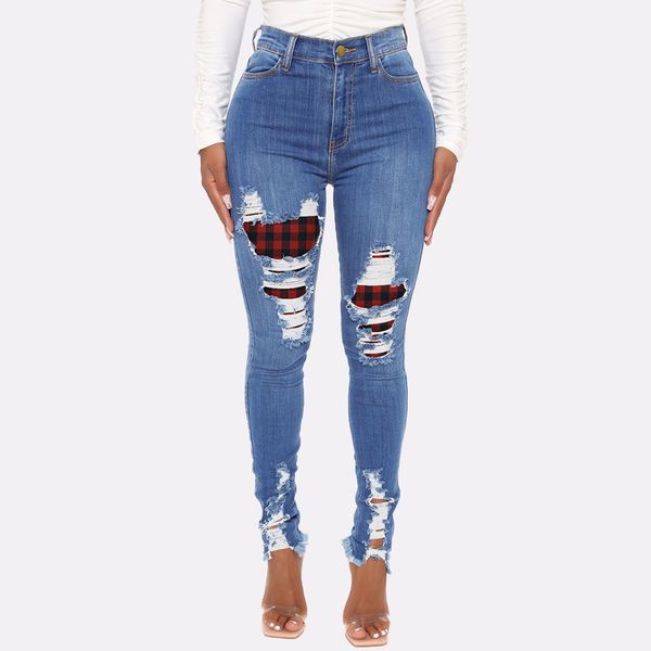 

2021 latest ripped straight for women streetwear high taille stretch jeans plaid patchwork slim denim broek, Blue