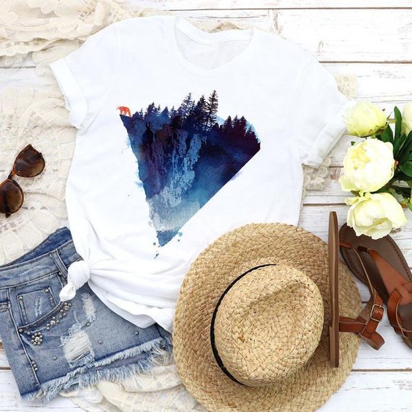 

women graphic fox cartoon watercolor short sleeve lady 90s fashion tees print t shirt clothing female shirt womens t-shirt, White