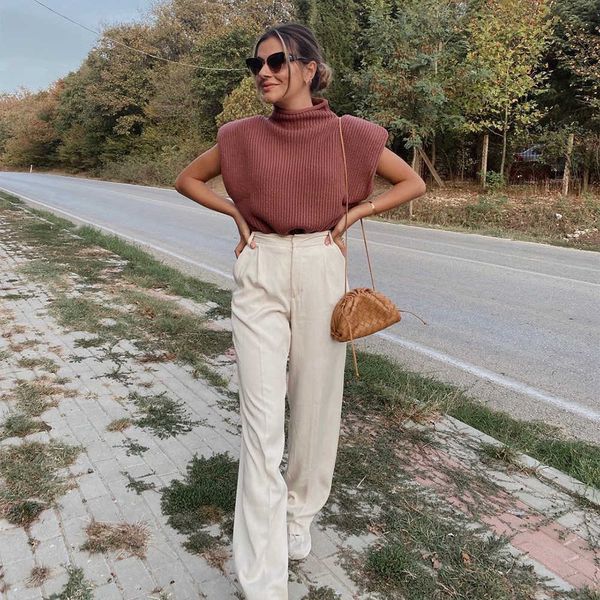 

fall winter women knit sweater vest wide shoulder pads sweater women pullover high street warm knitted tank 210709, White;black