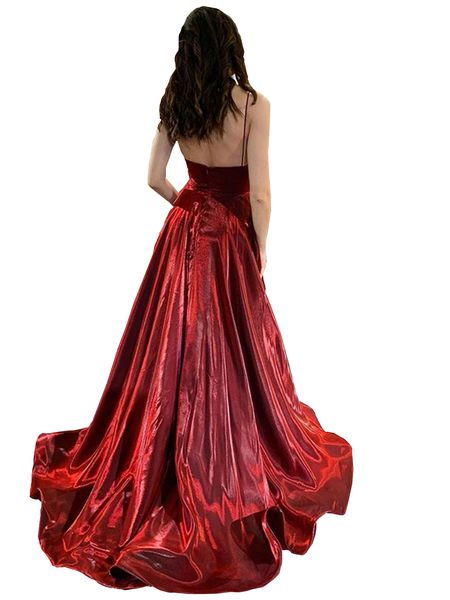 2022 Dark Vermelho Sexy Vestidos De Aves V-Pescoço Empire Cintura A - Linha Aberto Voltar Cetim formal elegante vestidos de noite mulheres ocasião especial