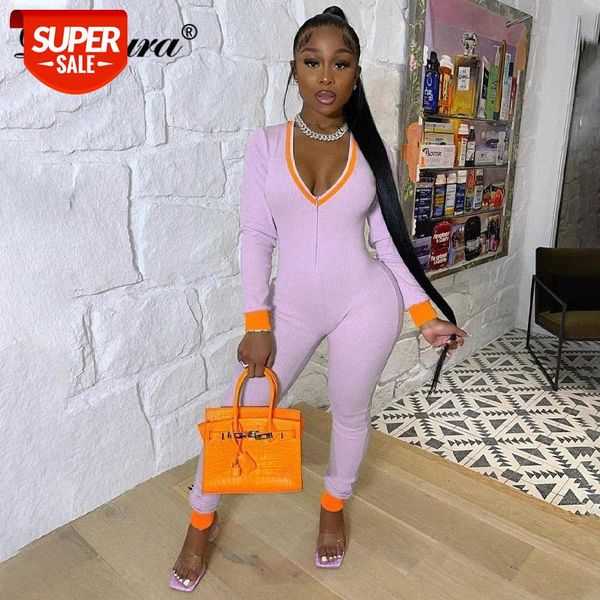 

dulzura ribbed knitted stripe patchwork women v neck long sleeve jumpsuit skinny streetwear casual sporty 2021 spring summer #mz5y, White
