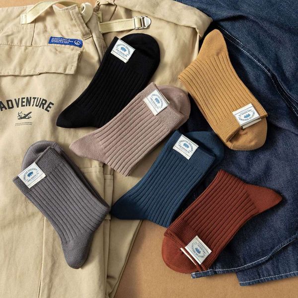 

autumn and winter fashion cloth label striped middle tube personality versatile color men's sports socks, Black