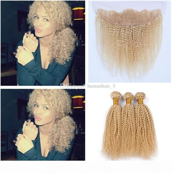 

#613 malaysian kinky curly hair with lace frontal closure with bundles 1pcs lace frontal 13x4 with 3pcs afro kinky curly human hair bundles, Black;brown