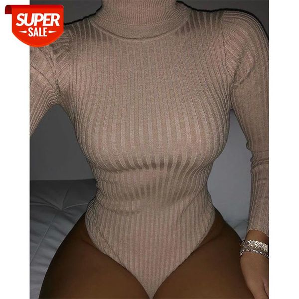 

solid ribbed knit black gray female bodysuit turtleneck women long sleeve fall 2020 winter bodycon keep warm khaki body #nn21, White
