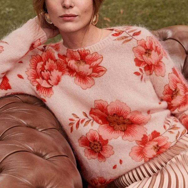 

2021 new floral print knit winter casual o neck long sleeve chic mohair vintage warm autumn sweater women 4la9, White;black