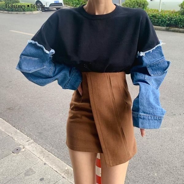 

women's hoodies & sweatshirts whitney wang 2021 autumn winter fashion streetwear denim patchwork oversize sweatshirt women loose pullov, Black