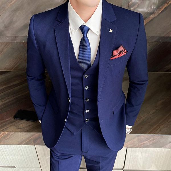 

men's suits & blazers (jacket + vest pants) high-end official business set two buckles groom wedding solid color fashion suit three-pie, White;black