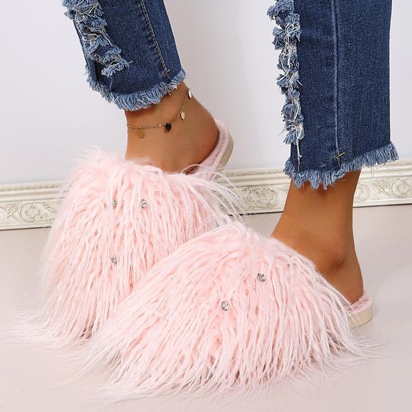 

slippers long tassel women faux fur female autumn winter home cartoon cute plush warm indoor soft male fluffy chaussure, Black