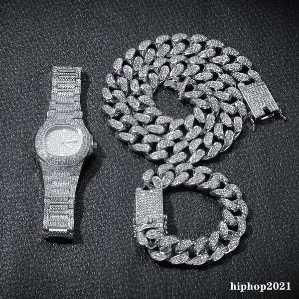 

3pcs/set mens hip hop iced out bling chains diamond necklace bracelets watch cuban link chains fashion hiphop jewelry sets, Silver