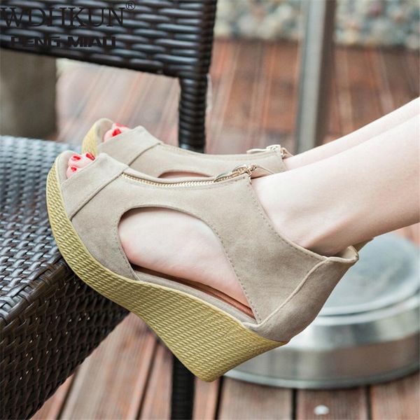 

sandals 2021 women height increasing fashion style platform wedges slipper female mature casual zip shoes, Black