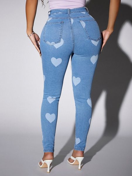 

sxy allover heart print skinny jeans c7p2#, Blue