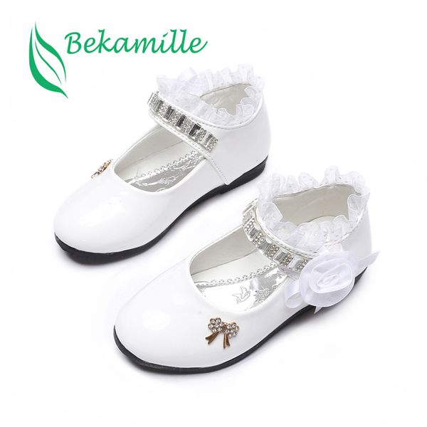 

bekamille flower girls shoes spring autumn princess lace pu leather shoes cute bowknot rhinestone for 3-11 ages toddler shoes 210308, Black;red