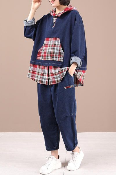 

female new spring plus size literary retro plaid stitching hooded washed denim casual loose two-piece suit, White