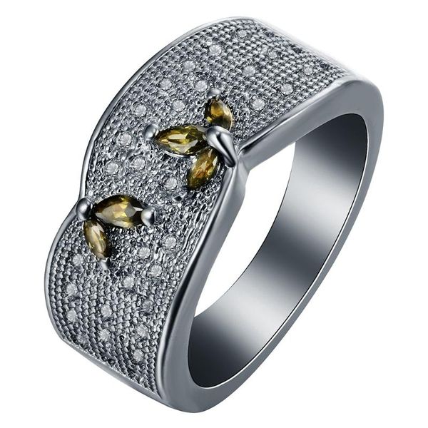 

wedding rings elegant black gold ring for women men leave flower style olive color zircon jewelry fashion band engagement, Slivery;golden
