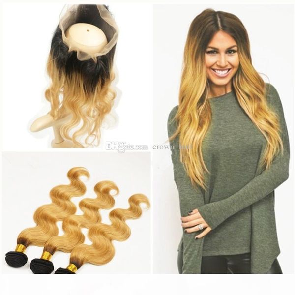 

#1b 27 360 lace band frontal with body wave virgin human hair bundles dark root honey blonde hair weft with 360 lace frontal, Black