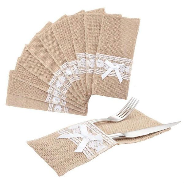 

packaging dinner service natural burlap silverware napkin holder knife fork cutlery lace bowknot pouch tableware utensils bag for rustic wed